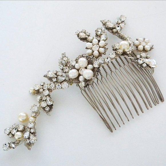 Erin Cole Design Hair Accessory, Pearl & Crystal Silver Leaf Vine Comb NWT